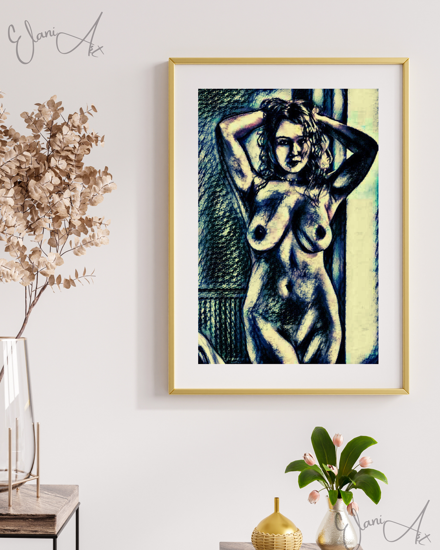 MESSY HAIR - An Original Vivid Black Ivory Erotic Nude Woman Portrait Hands in Hair Impressionistic Artwork Print - Erotic Art by ElaniArt