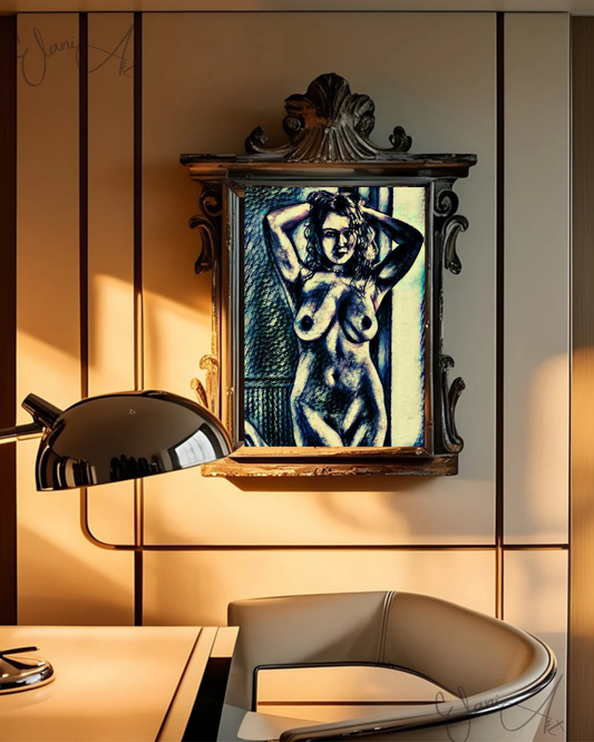 MESSY HAIR - An Original Vivid Black Ivory Erotic Nude Woman Portrait Hands in Hair Impressionistic Artwork Print - Erotic Art by ElaniArt