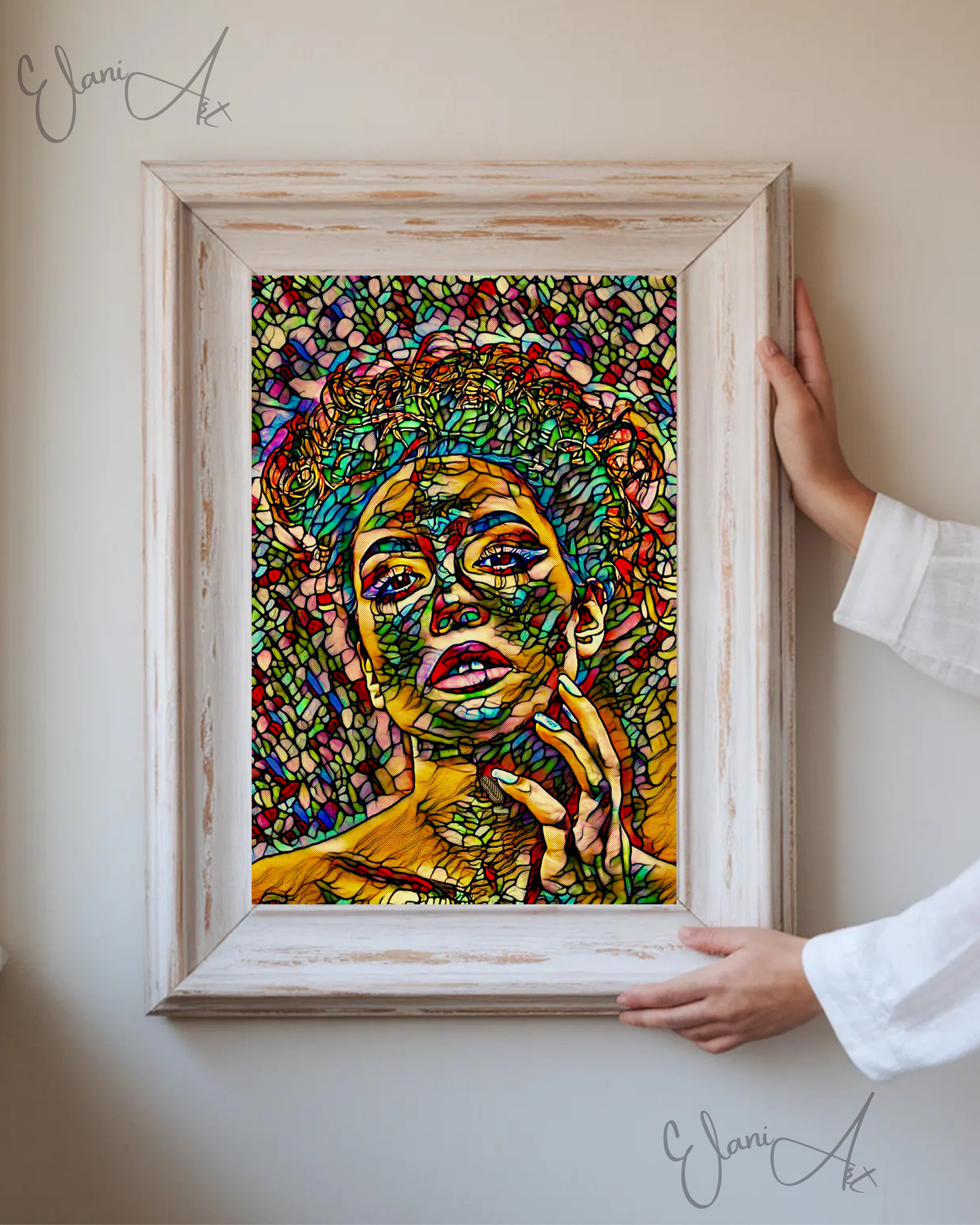 NO PICTURES PLEASE - An Original Vibrant Colorful Woman Stained Glass Portrait Open Lips Impressionistic Wall Artwork Print by ElaniArt