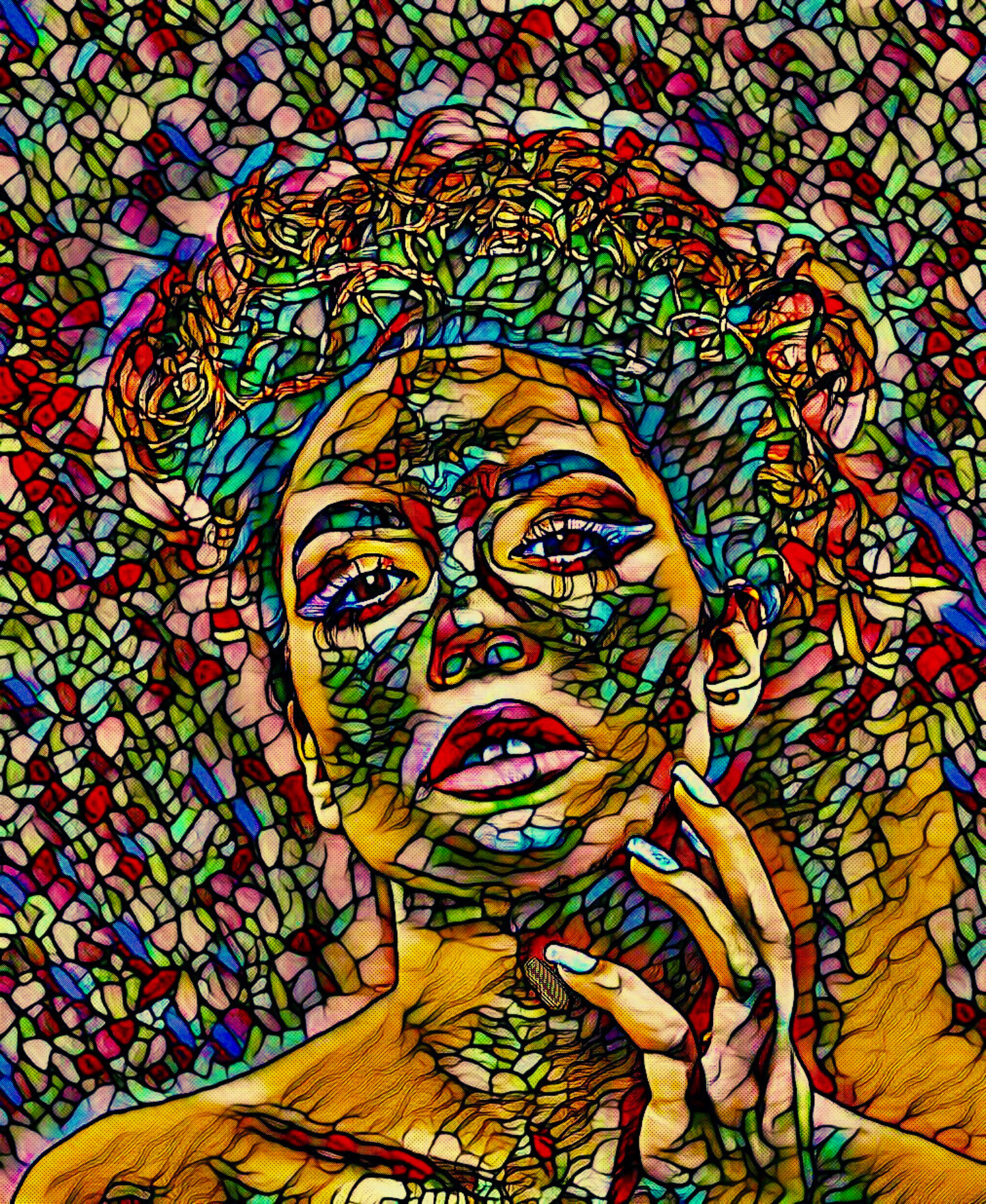 NO PICTURES PLEASE - An Original Vibrant Colorful Woman Stained Glass Portrait Open Lips Impressionistic Wall Artwork Print by ElaniArt