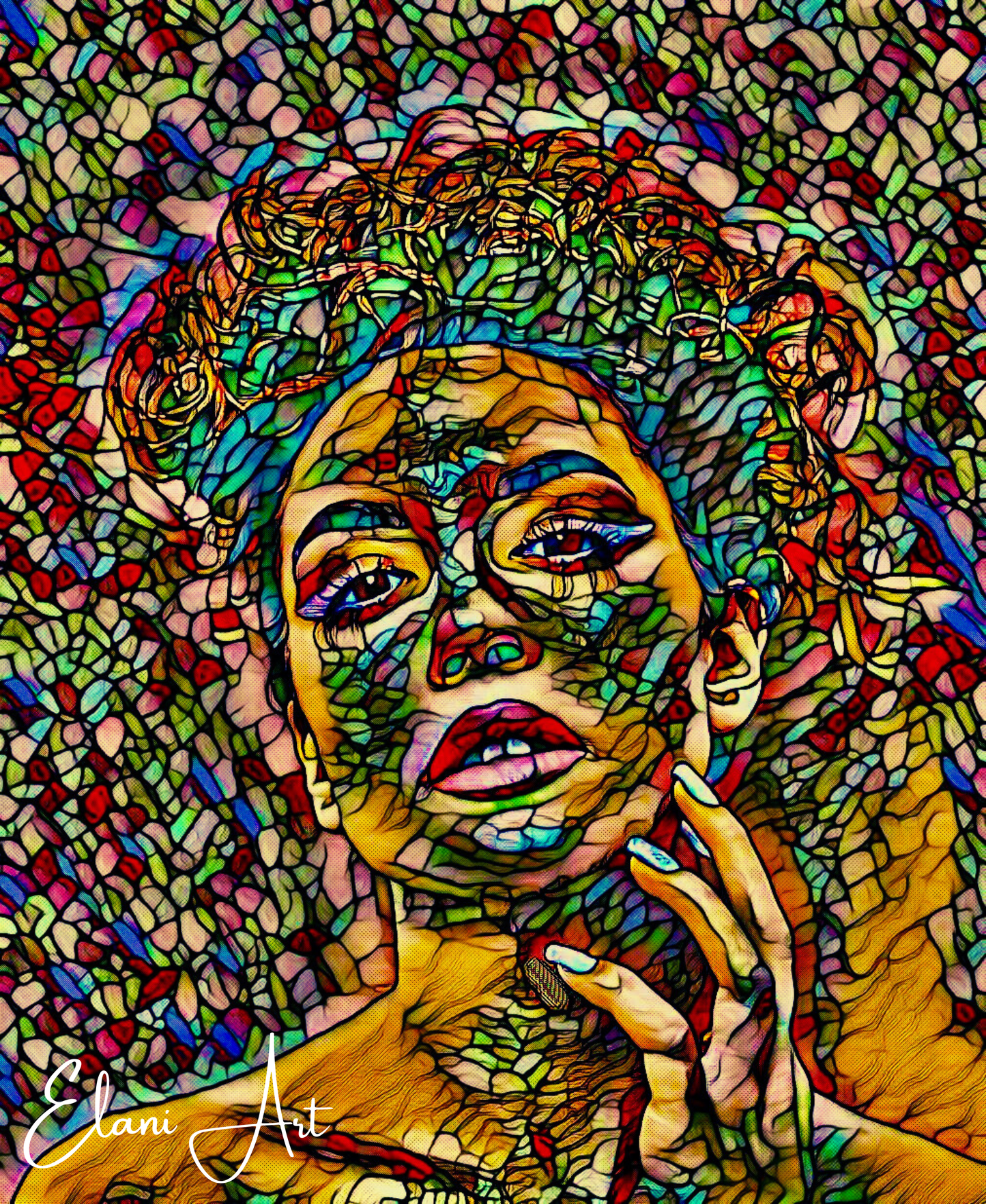 NO PICTURES PLEASE - An Original Vibrant Colorful Woman Stained Glass Portrait Open Lips Impressionistic Wall Artwork Print by ElaniArt