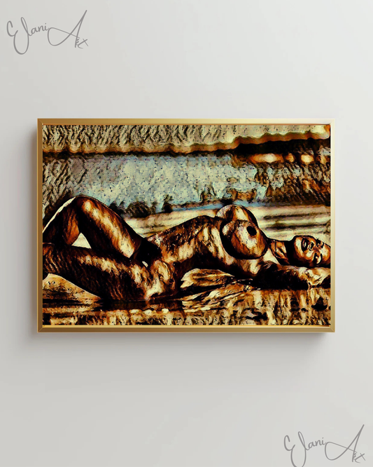ON THE BEACH - An Original Vibrant Bronze Erotic Nude Woman Laying on Beach Portrait Impressionistic Artwork Print - Erotic Art by ElaniArt