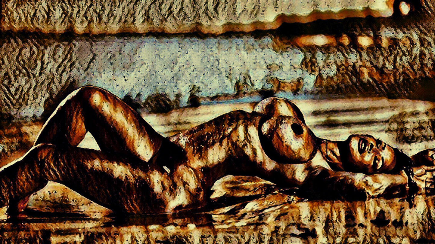 ON THE BEACH - An Original Vibrant Bronze Erotic Nude Woman Laying on Beach Portrait Impressionistic Artwork Print - Erotic Art by ElaniArt