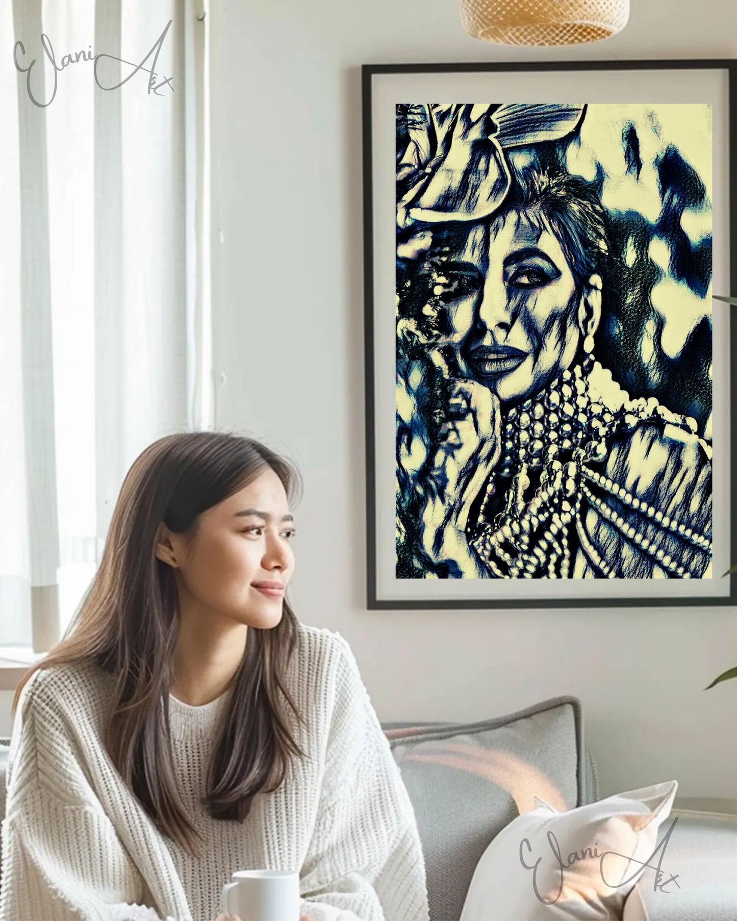 PEARLA - An Original Vivid Black Ivory Blue Woman with Hat and Pearls Portraiture Art Deco Impressionistic Wall Artwork Print by ElaniArt