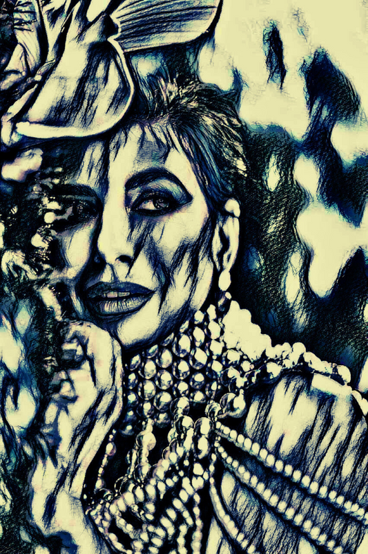 PEARLA - An Original Vivid Black Ivory Blue Woman with Hat and Pearls Portraiture Art Deco Impressionistic Wall Artwork Print by ElaniArt