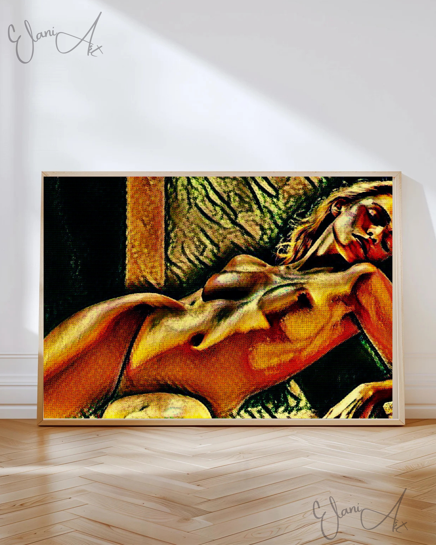 PORTRAIT DE NU - An Original Vivid Colorful Erotic Blonde Woman Nude Seductive Pose Impressionistic Artwork Print - Erotic Art by ElaniArt