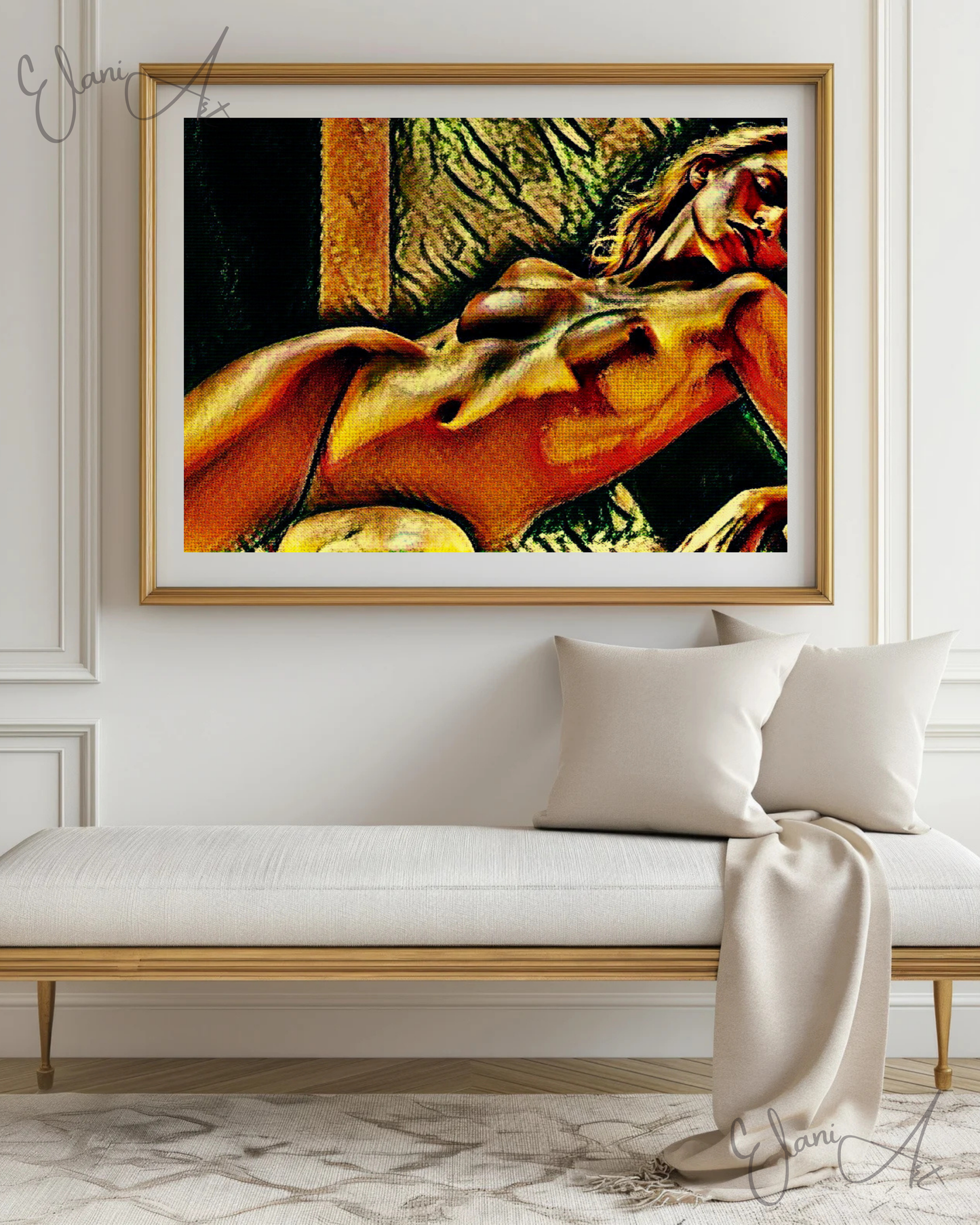 PORTRAIT DE NU - An Original Vivid Colorful Erotic Blonde Woman Nude Seductive Pose Impressionistic Artwork Print - Erotic Art by ElaniArt