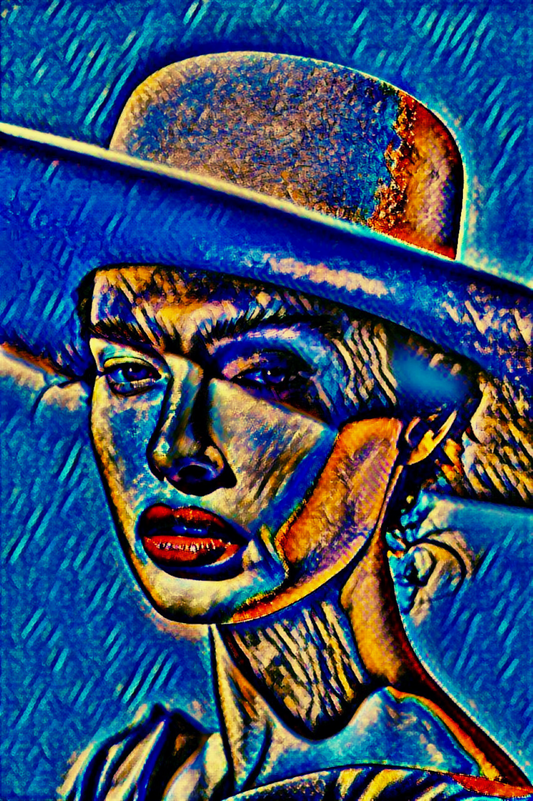 REBECCA - An Original Vibrant Blue Orange Colorful Woman's Face Hat Red Lips Face Portrait Impressionistic Wall Artwork Print by ElaniArt