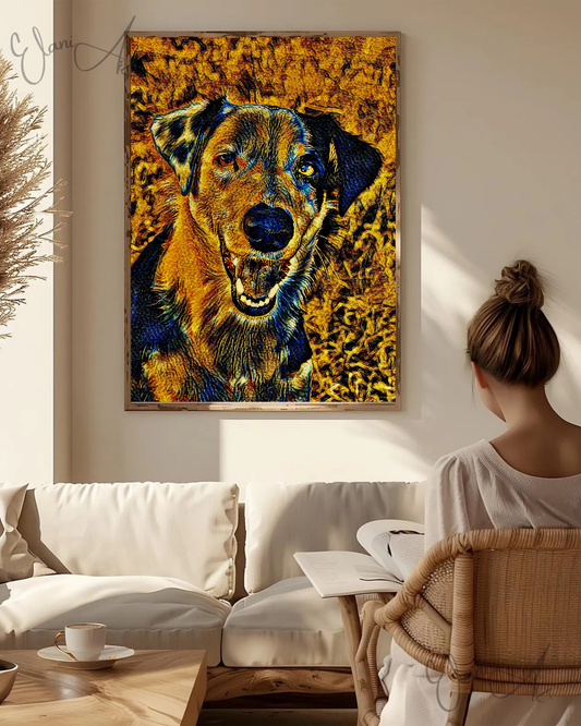 RUFUS - An Original Vibrant Brown Black Dog Pet Close-Up Portrait Open-Mouthed Happy Animal Impressionistic Wall Artwork Print by ElaniArt