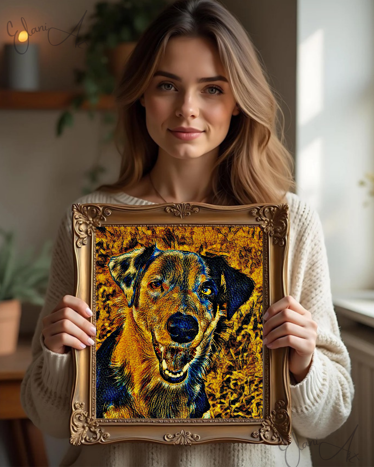 RUFUS - An Original Vibrant Brown Black Dog Pet Close-Up Portrait Open-Mouthed Happy Animal Impressionistic Wall Artwork Print by ElaniArt