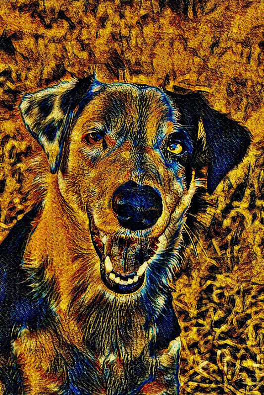 RUFUS - An Original Vibrant Brown Black Dog Pet Close-Up Portrait Open-Mouthed Happy Animal Impressionistic Wall Artwork Print by ElaniArt