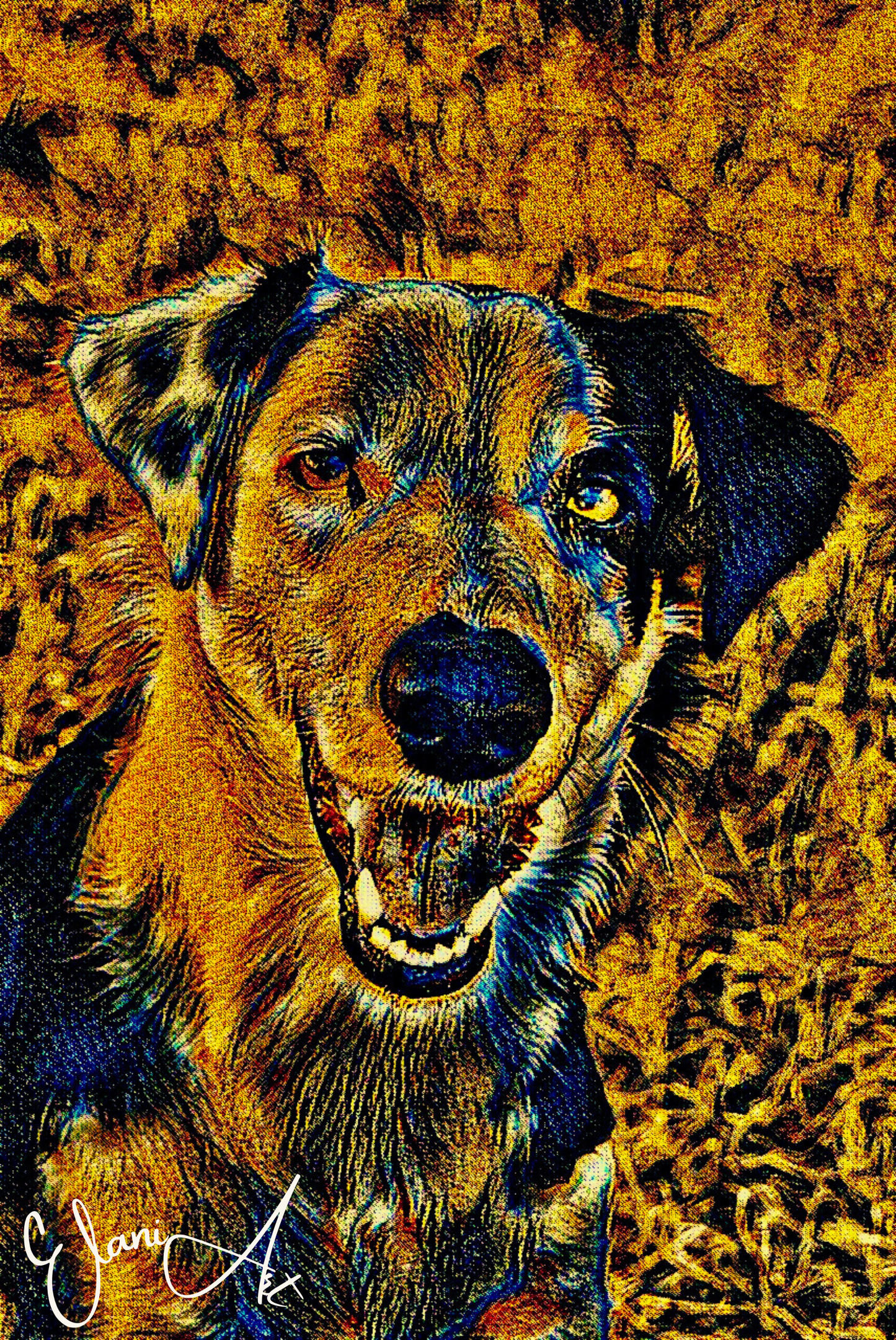 RUFUS - An Original Vibrant Brown Black Dog Pet Close-Up Portrait Open-Mouthed Happy Animal Impressionistic Wall Artwork Print by ElaniArt