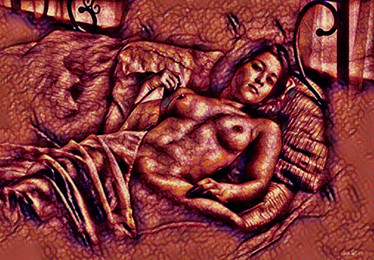 SAUVIGNON - An Original Vibrant Red Colorful Erotic Nude Woman Laying Down Portrait Impressionistic Artwork Print - Erotic Art by ElaniArt