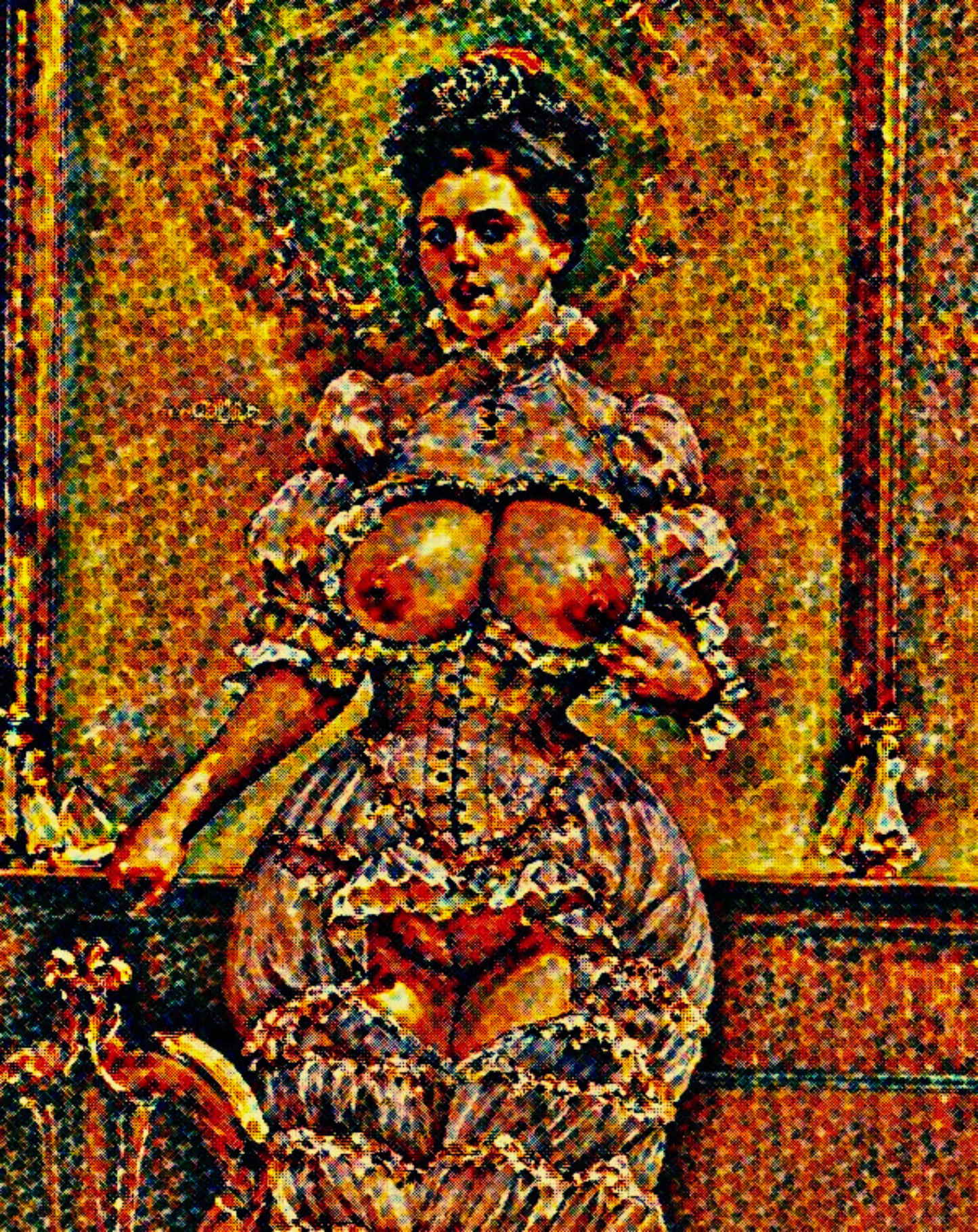 SCENIC VISTA - An Original Vivid Brown Mosaic Erotic Woman in Cut-Out Dress Portrait Impressionistic Artwork Print - Erotic Art by ElaniArt