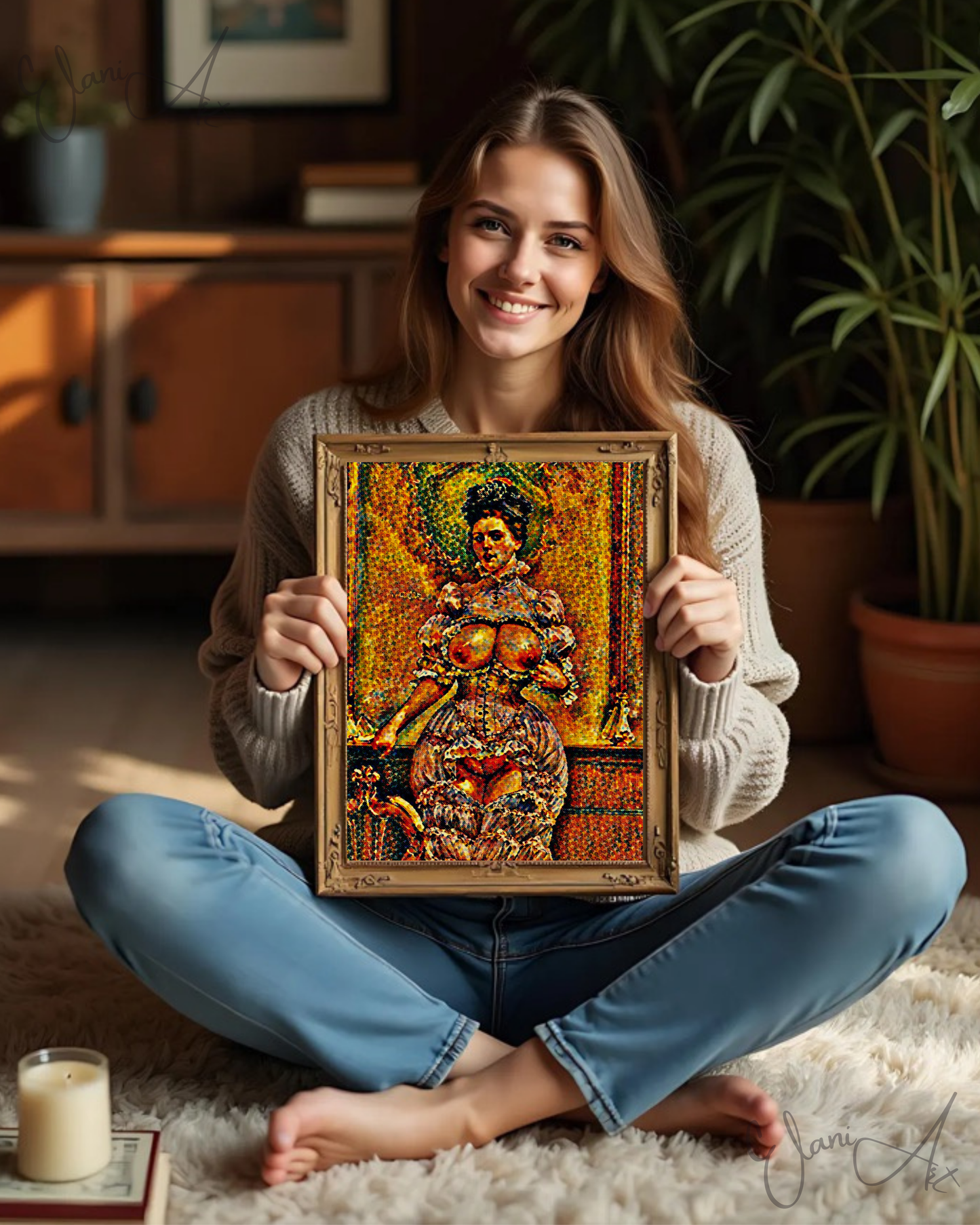 SCENIC VISTA - An Original Vivid Brown Mosaic Erotic Woman in Cut-Out Dress Portrait Impressionistic Artwork Print - Erotic Art by ElaniArt