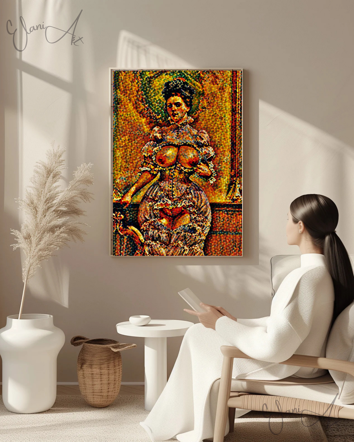 SCENIC VISTA - An Original Vivid Brown Mosaic Erotic Woman in Cut-Out Dress Portrait Impressionistic Artwork Print - Erotic Art by ElaniArt