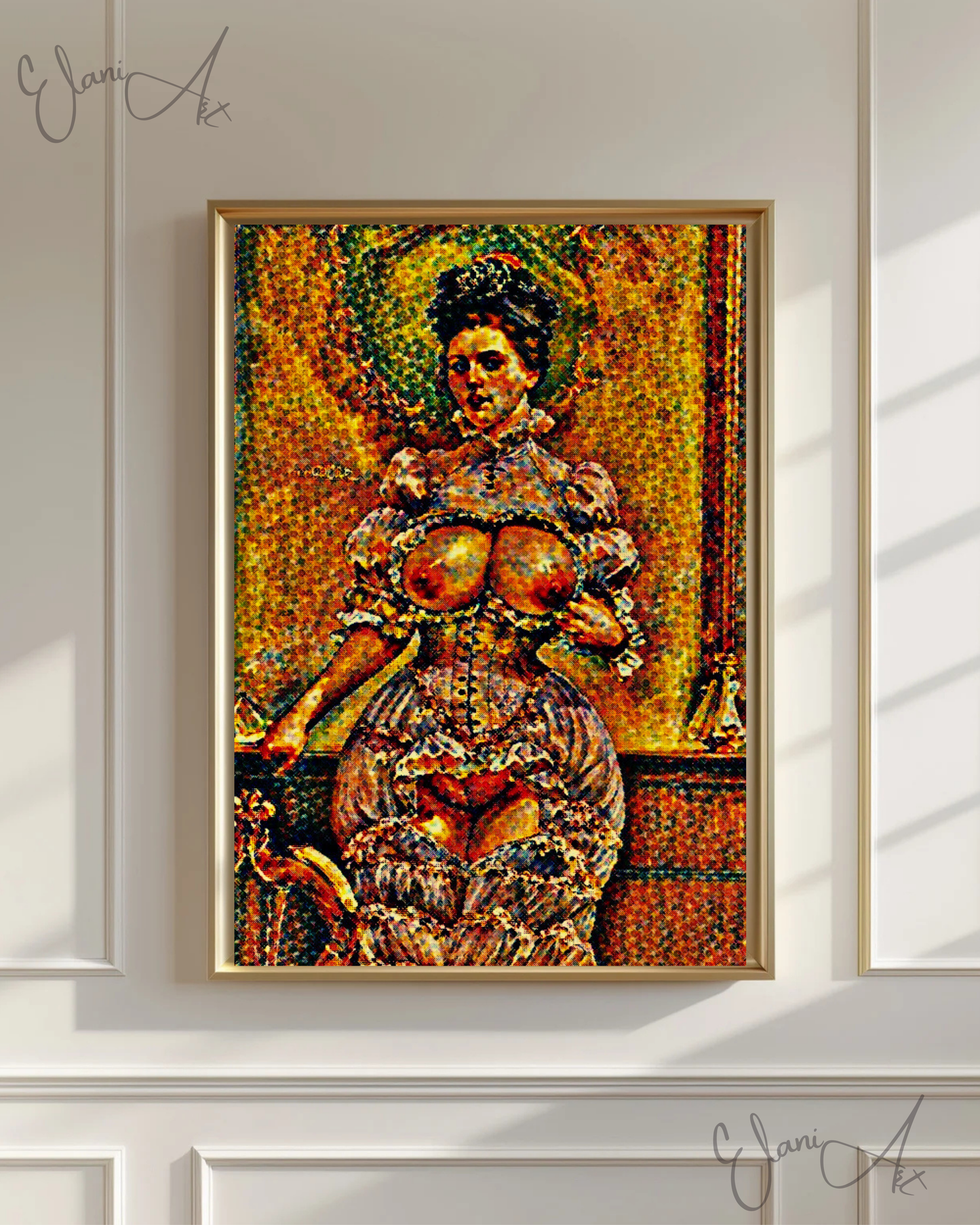 SCENIC VISTA - An Original Vivid Brown Mosaic Erotic Woman in Cut-Out Dress Portrait Impressionistic Artwork Print - Erotic Art by ElaniArt