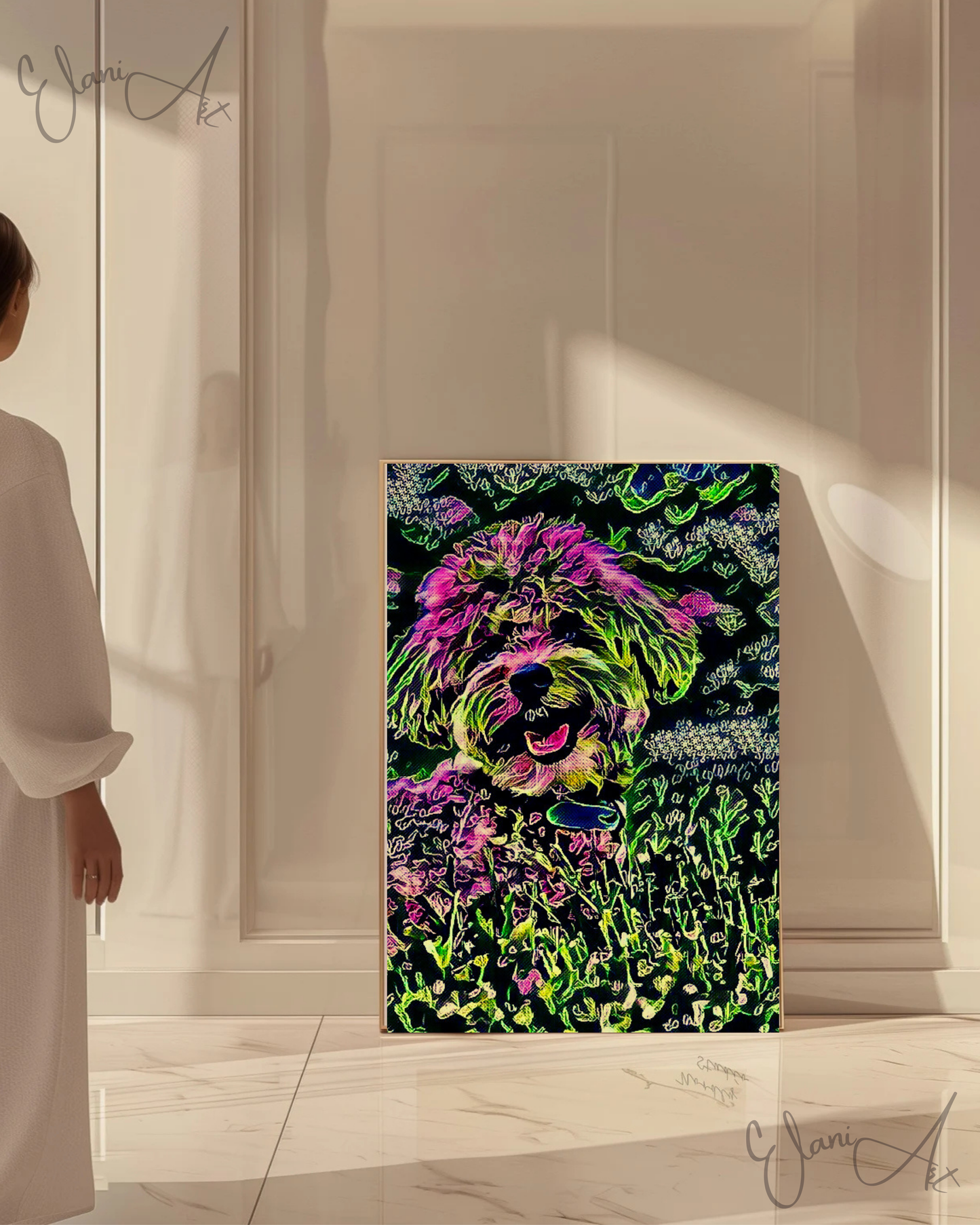 SCRUFFY - An Original Vibrant Pink Green Furry Dog Pet Portrait Open-Mouthed Happy Animal Impressionistic Wall Artwork Print by ElaniArt