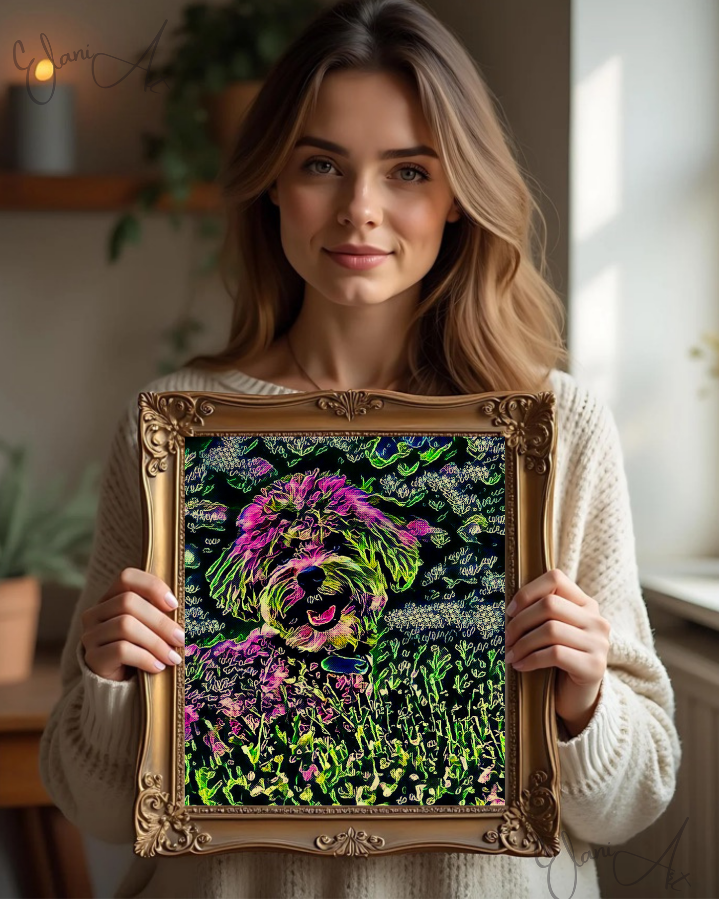 SCRUFFY - An Original Vibrant Pink Green Furry Dog Pet Portrait Open-Mouthed Happy Animal Impressionistic Wall Artwork Print by ElaniArt