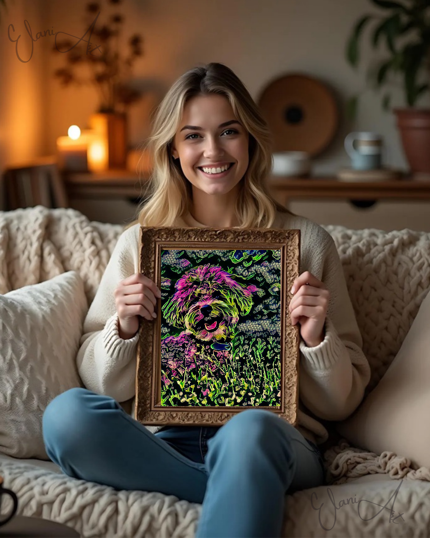 SCRUFFY - An Original Vibrant Pink Green Furry Dog Pet Portrait Open-Mouthed Happy Animal Impressionistic Wall Artwork Print by ElaniArt