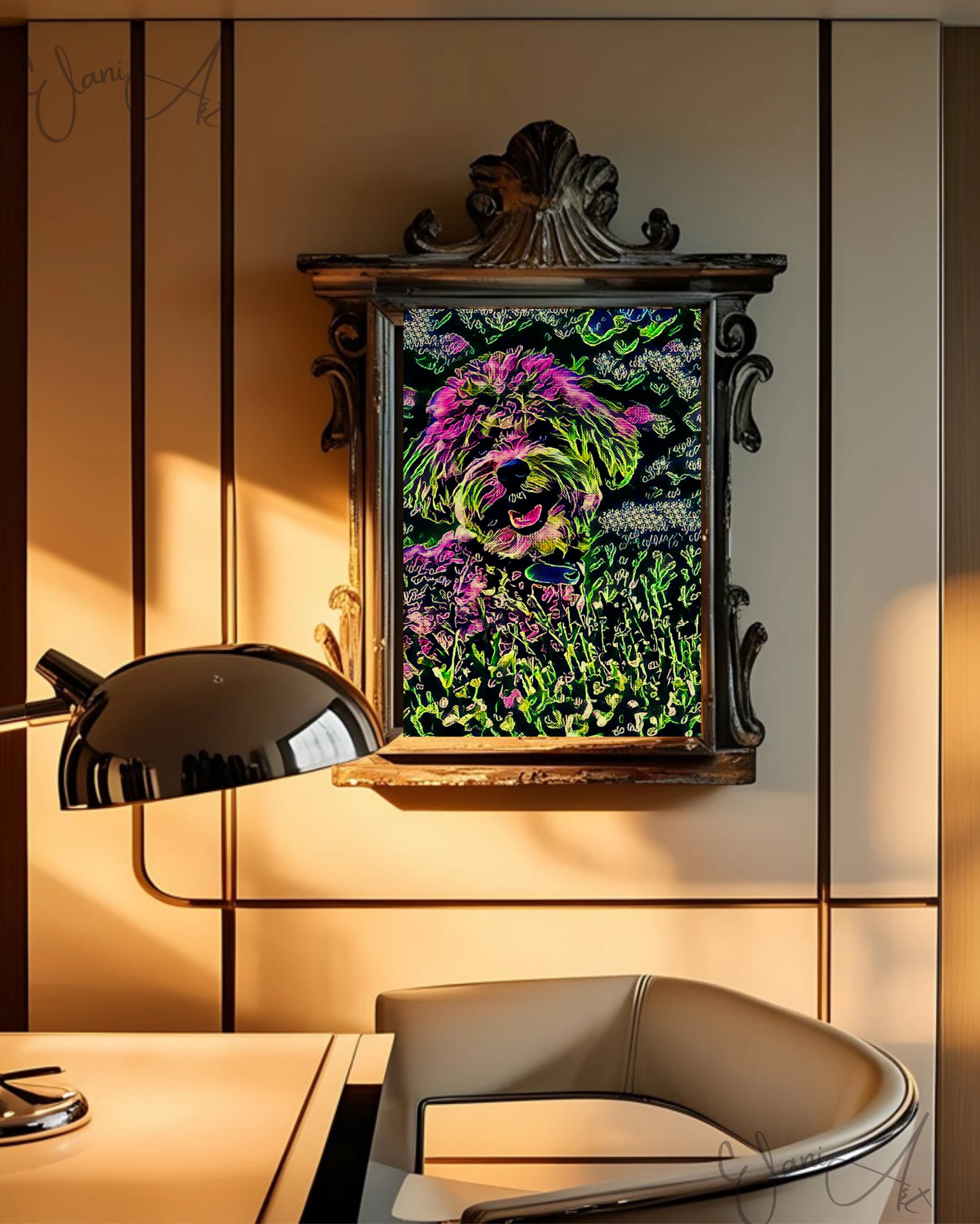 SCRUFFY - An Original Vibrant Pink Green Furry Dog Pet Portrait Open-Mouthed Happy Animal Impressionistic Wall Artwork Print by ElaniArt