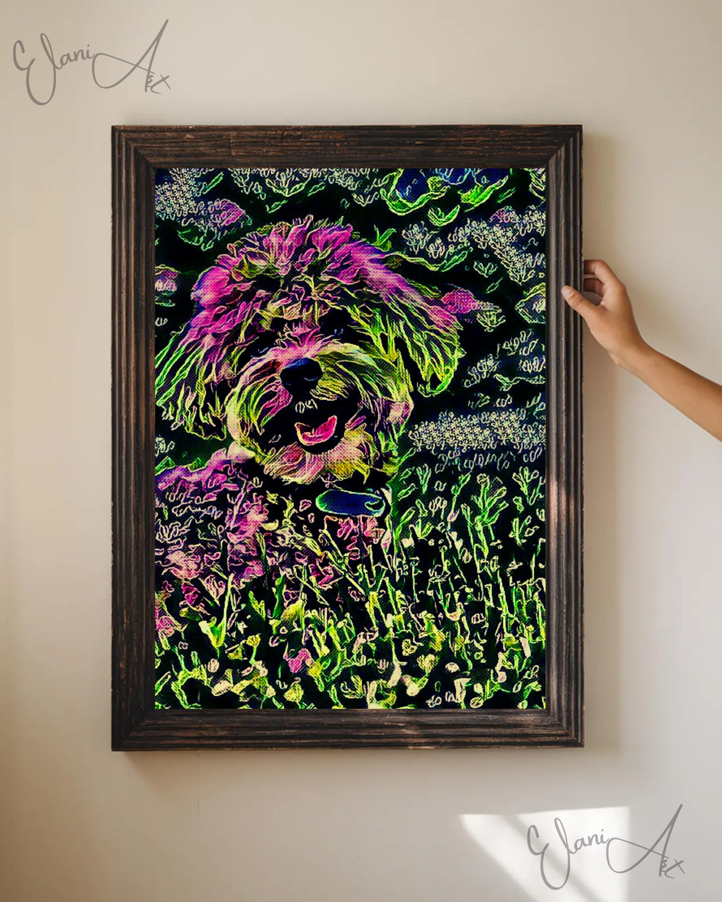 SCRUFFY - An Original Vibrant Pink Green Furry Dog Pet Portrait Open-Mouthed Happy Animal Impressionistic Wall Artwork Print by ElaniArt