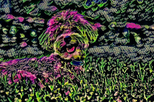 SCRUFFY - An Original Vibrant Pink Green Furry Dog Pet Portrait Open-Mouthed Happy Animal Impressionistic Wall Artwork Print by ElaniArt