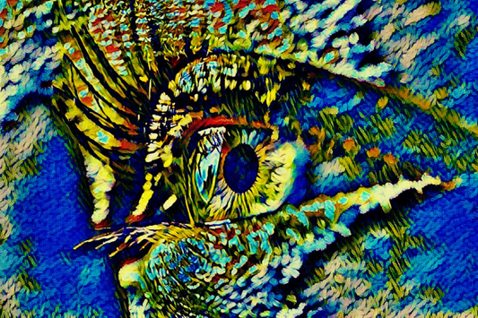 SEEN - An Original Vibrant Blue Green Colorful Textured Woman's Open Eye Iris Pupil Eyelashes Impressionistic Wall Artwork Print by ElaniArt