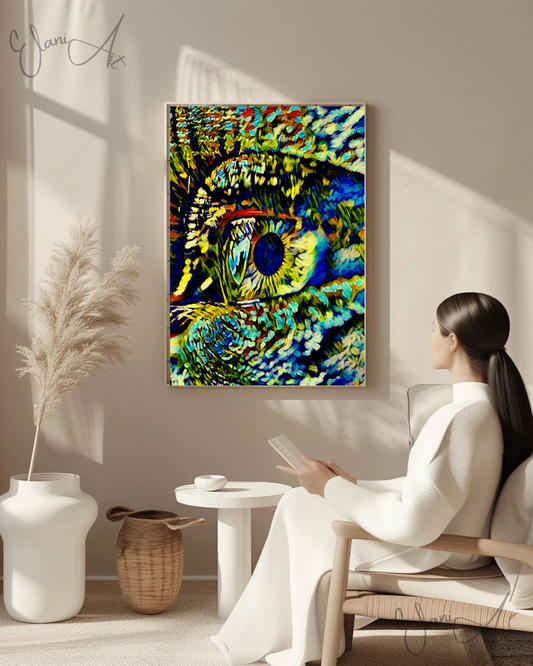 SEEN - An Original Vibrant Blue Green Colorful Textured Woman's Open Eye Iris Pupil Eyelashes Impressionistic Wall Artwork Print by ElaniArt
