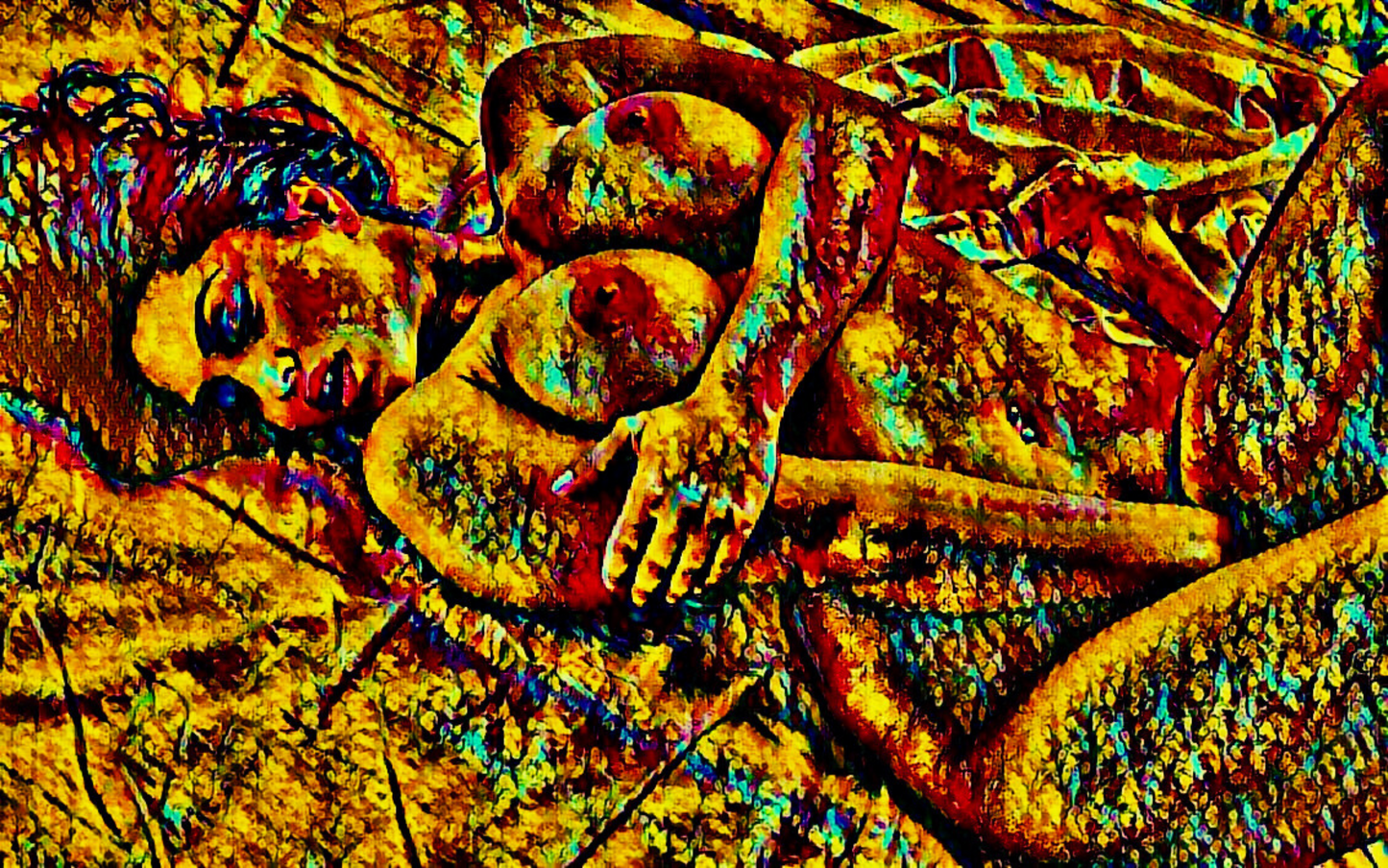 SELF PLEASURE - An Original Vibrant Bronze Erotic Woman Nude Pleasure Portrait Impressionistic Wall Artwork Print - Erotic Art by ElaniArt