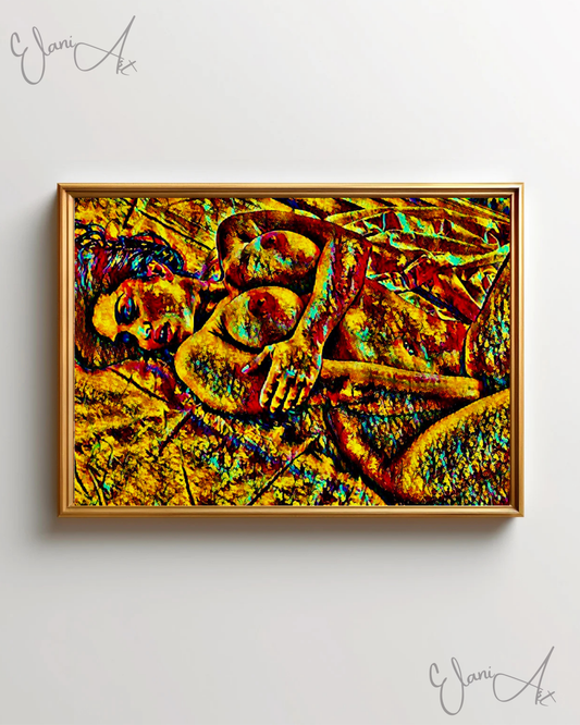 SELF PLEASURE - An Original Vibrant Bronze Erotic Woman Nude Pleasure Portrait Impressionistic Wall Artwork Print - Erotic Art by ElaniArt