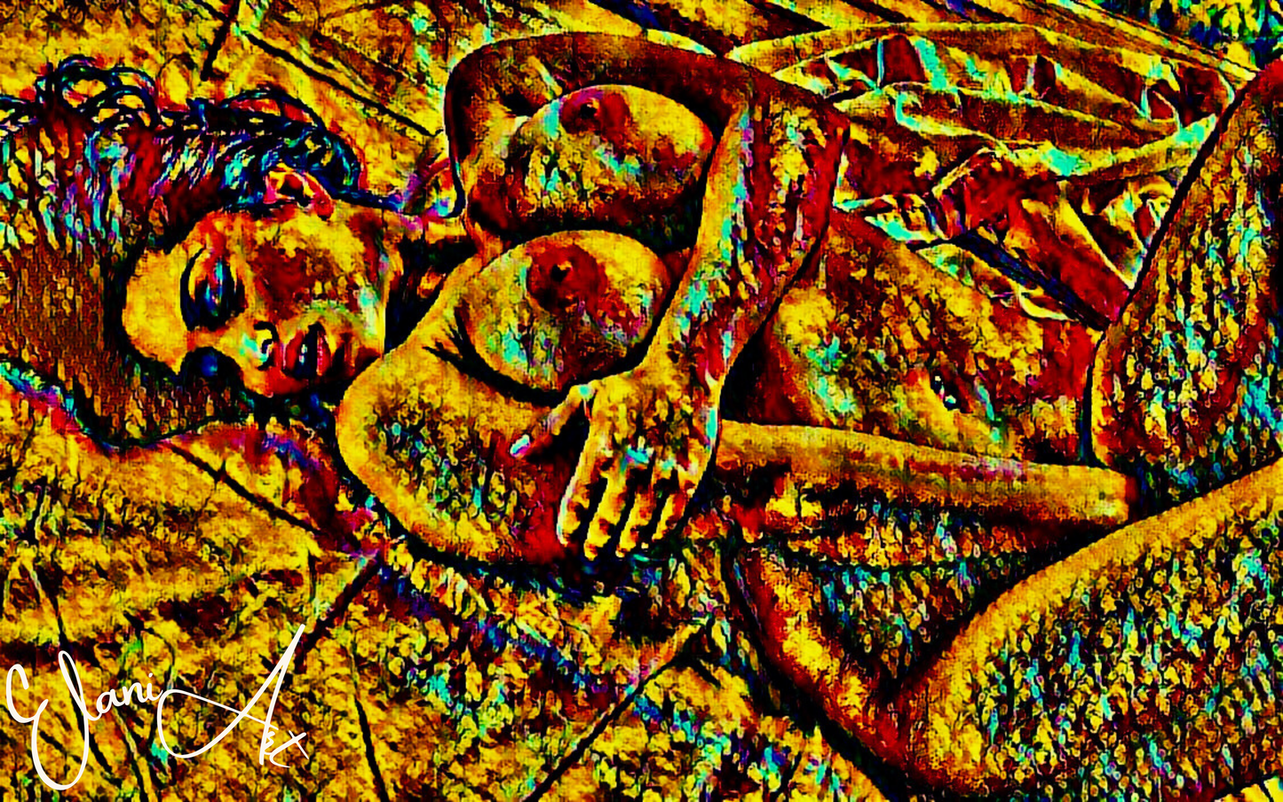 SELF PLEASURE - An Original Vibrant Bronze Erotic Woman Nude Pleasure Portrait Impressionistic Wall Artwork Print - Erotic Art by ElaniArt