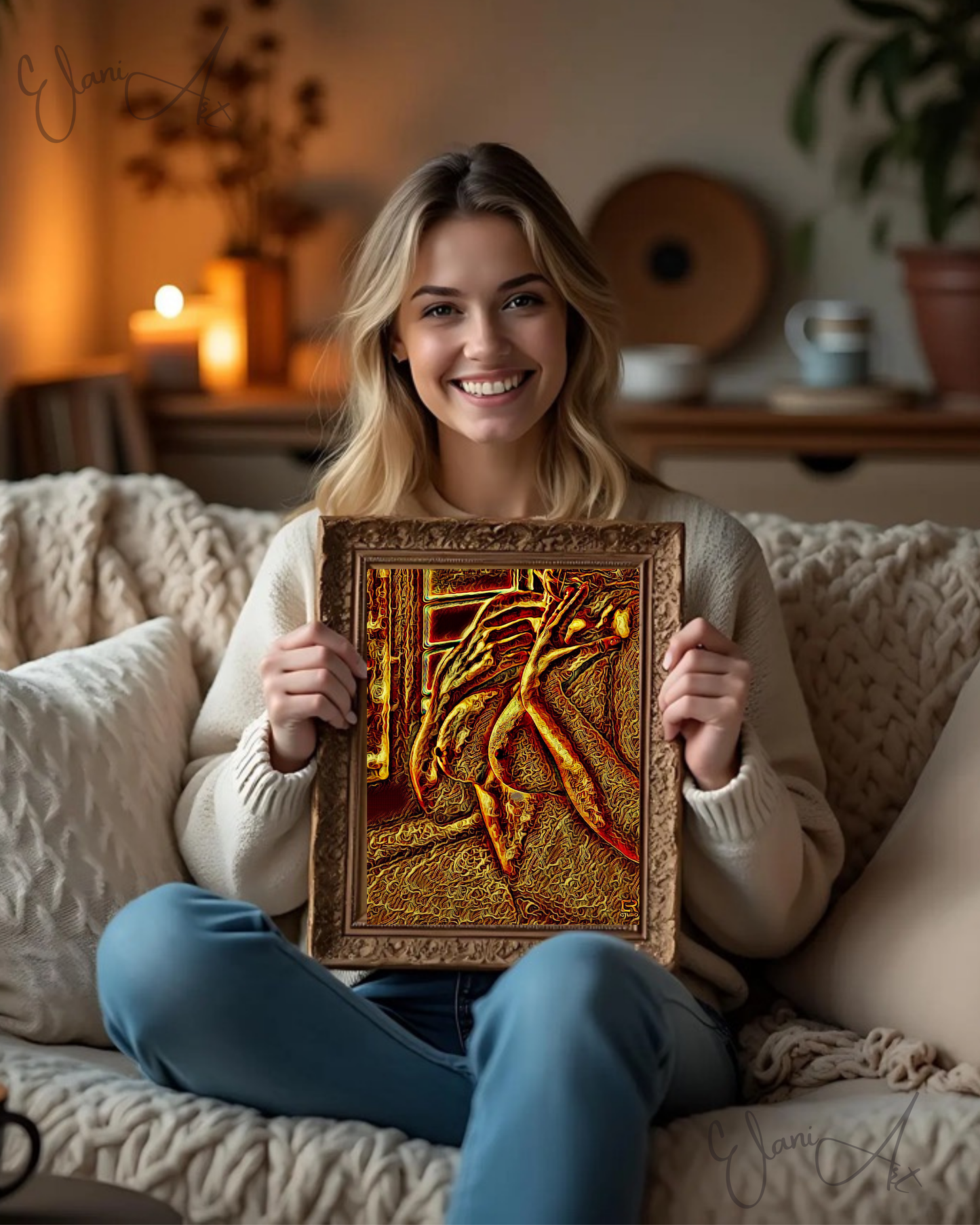 SENSUAL - An Original Vibrant Bronze Gold Erotic Nude Woman Hands For Reaching Neck Impressionistic Artwork Print - Erotic Art by ElaniArt