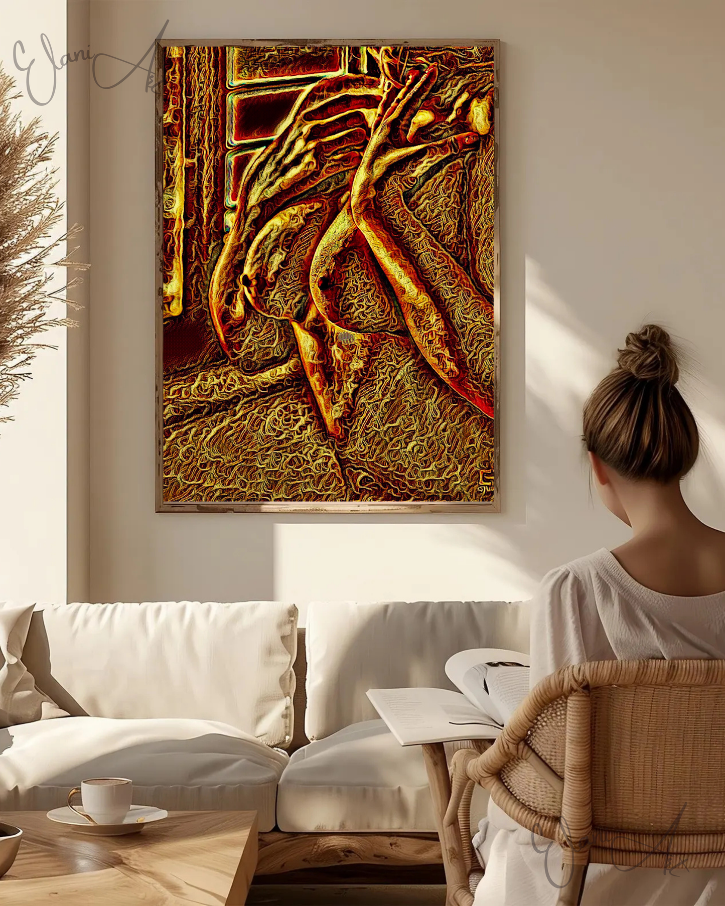 SENSUAL - An Original Vibrant Bronze Gold Erotic Nude Woman Hands For Reaching Neck Impressionistic Artwork Print - Erotic Art by ElaniArt