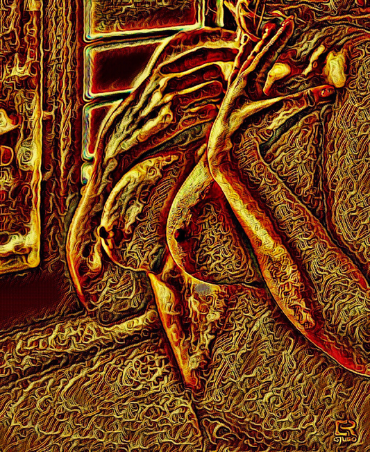 SENSUAL - An Original Vibrant Bronze Gold Erotic Nude Woman Hands For Reaching Neck Impressionistic Artwork Print - Erotic Art by ElaniArt