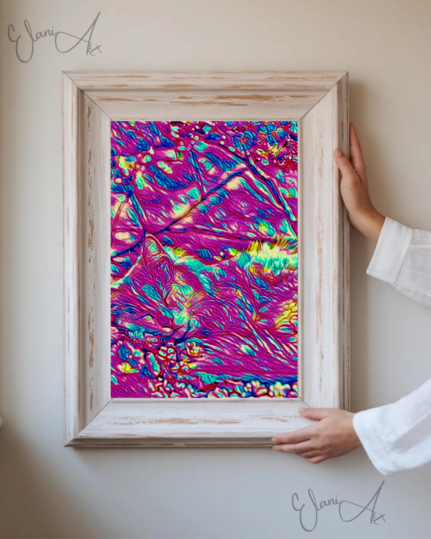 SLEEPING CAT - An Original Vibrant Pink Sleeping Cat in a Flower Patch Animal Portraiture Impressionistic Wall Artwork Print by ElaniArt