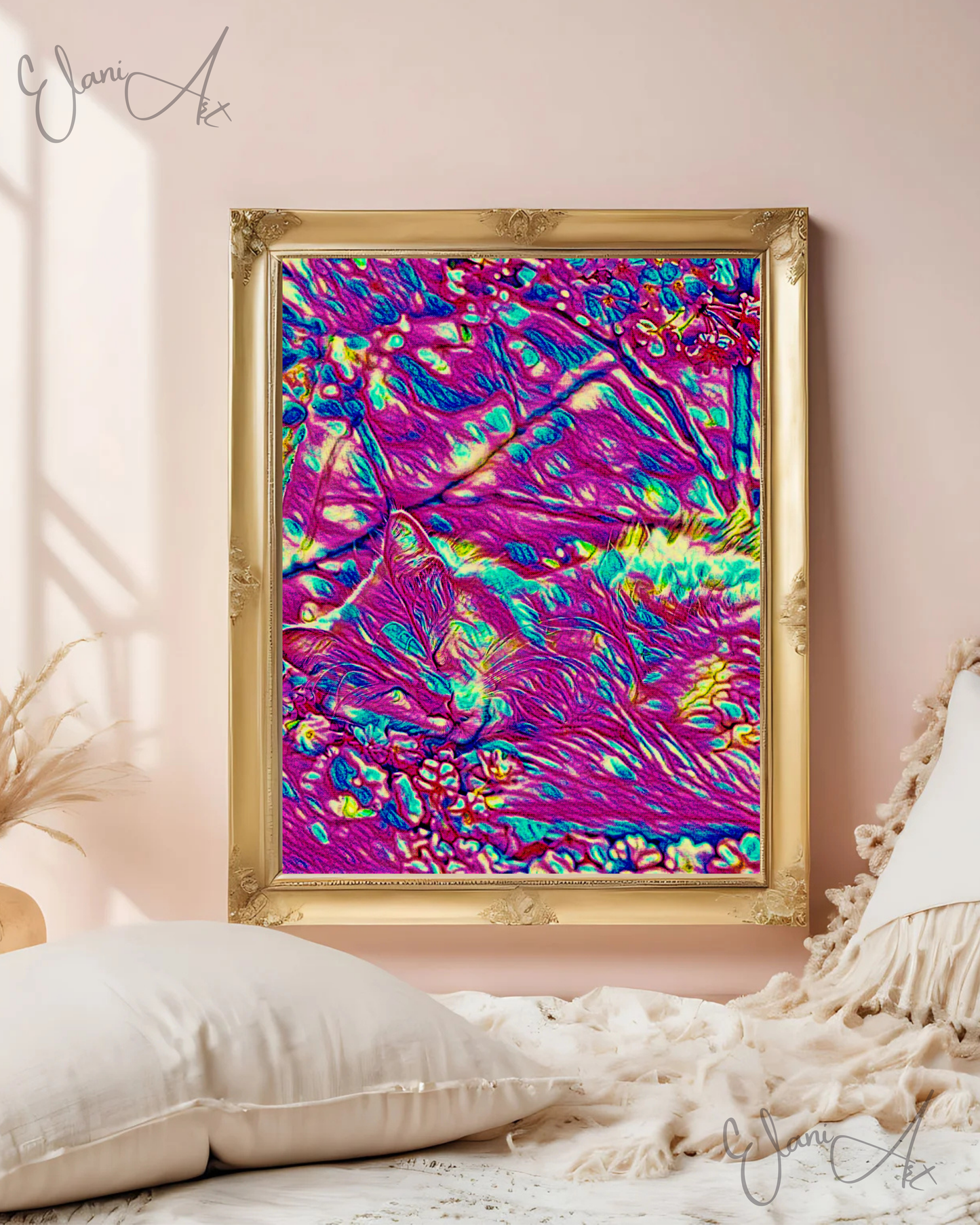 SLEEPING CAT - An Original Vibrant Pink Sleeping Cat in a Flower Patch Animal Portraiture Impressionistic Wall Artwork Print by ElaniArt