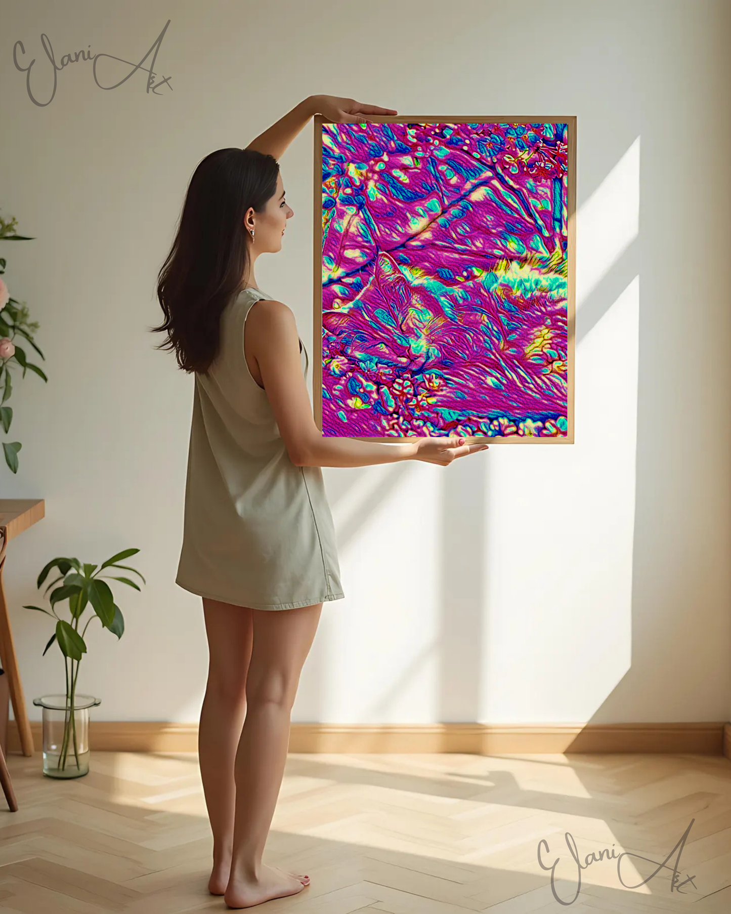 SLEEPING CAT - An Original Vibrant Pink Sleeping Cat in a Flower Patch Animal Portraiture Impressionistic Wall Artwork Print by ElaniArt