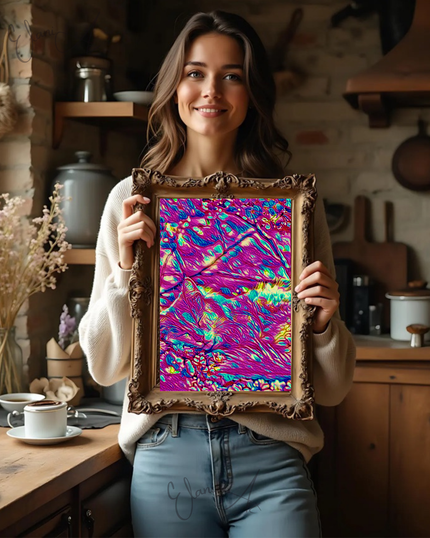 SLEEPING CAT - An Original Vibrant Pink Sleeping Cat in a Flower Patch Animal Portraiture Impressionistic Wall Artwork Print by ElaniArt