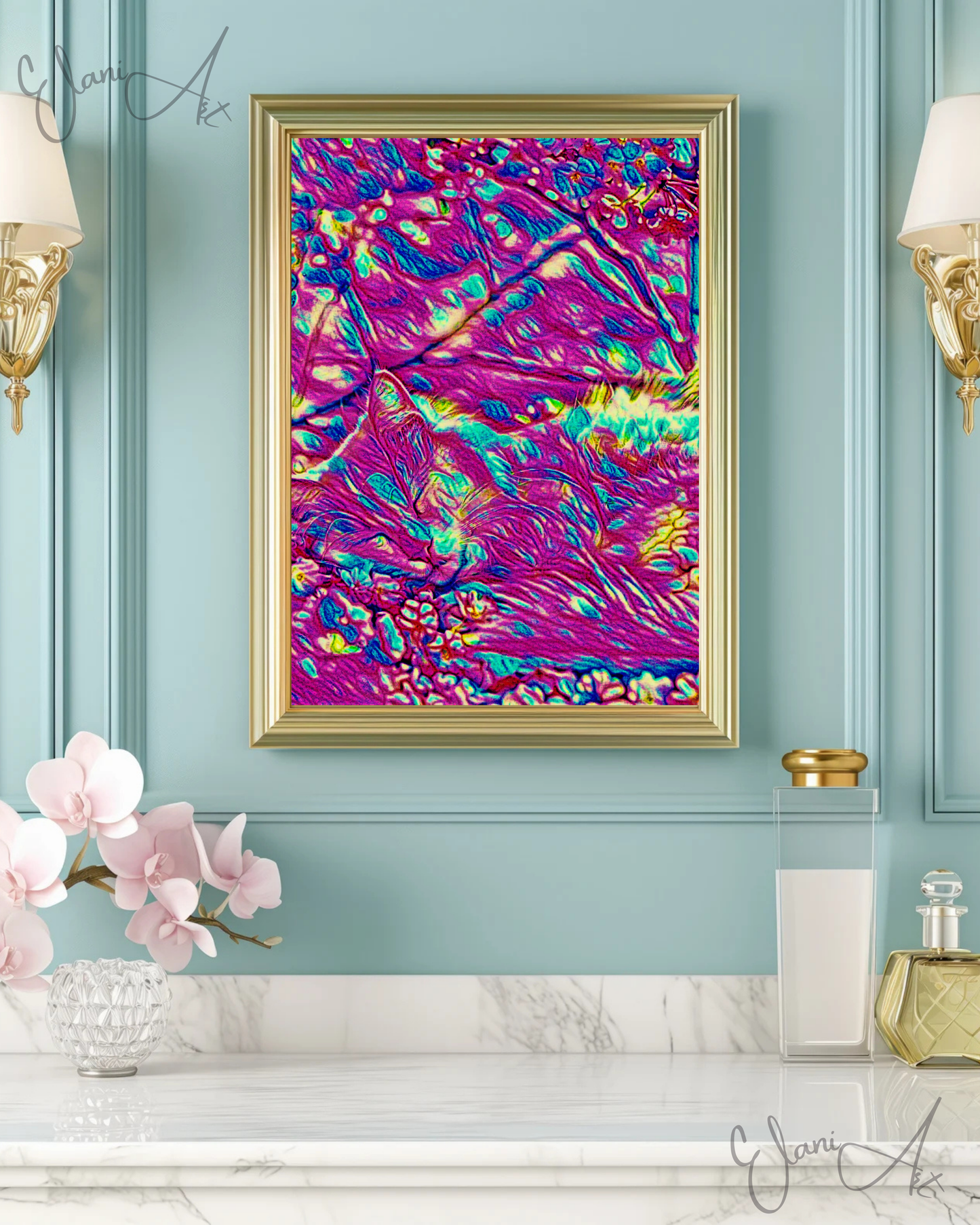 SLEEPING CAT - An Original Vibrant Pink Sleeping Cat in a Flower Patch Animal Portraiture Impressionistic Wall Artwork Print by ElaniArt