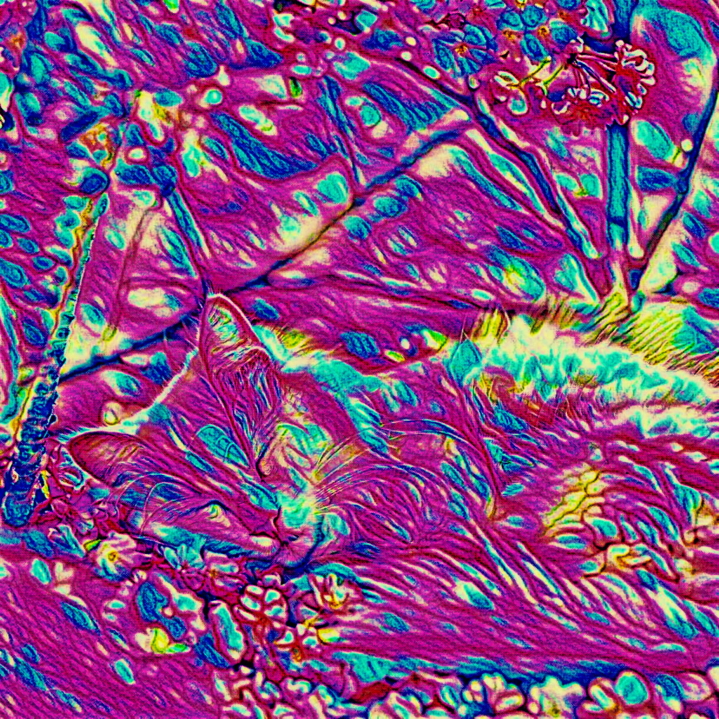 SLEEPING CAT - An Original Vibrant Pink Sleeping Cat in a Flower Patch Animal Portraiture Impressionistic Wall Artwork Print by ElaniArt