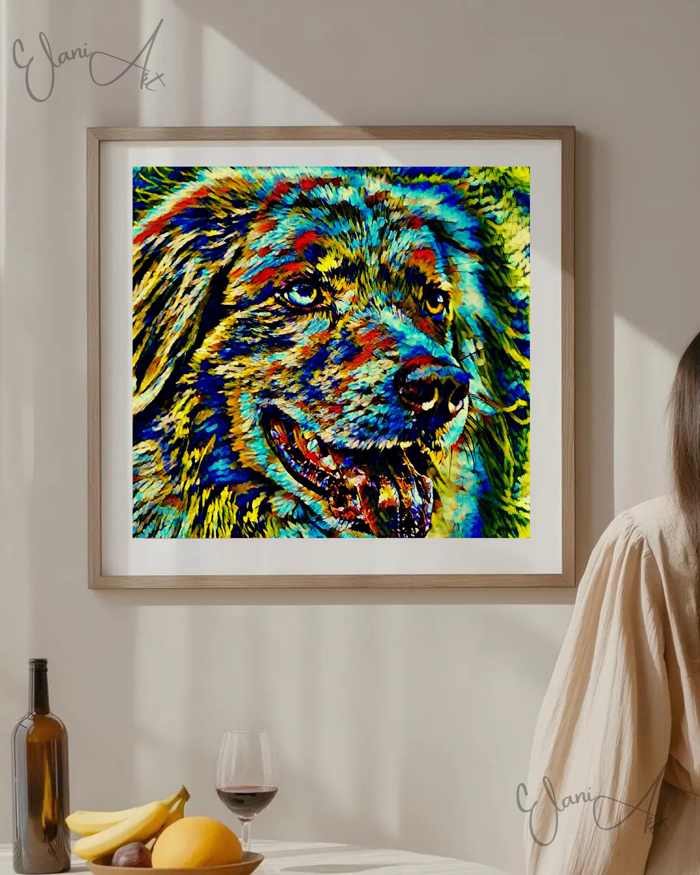 SPARKY - An Original Vibrant Blue Green Floppy Ears Dog Pet Portrait Open-Mouthed Happy Animal Impressionistic Artwork Print by ElaniArt