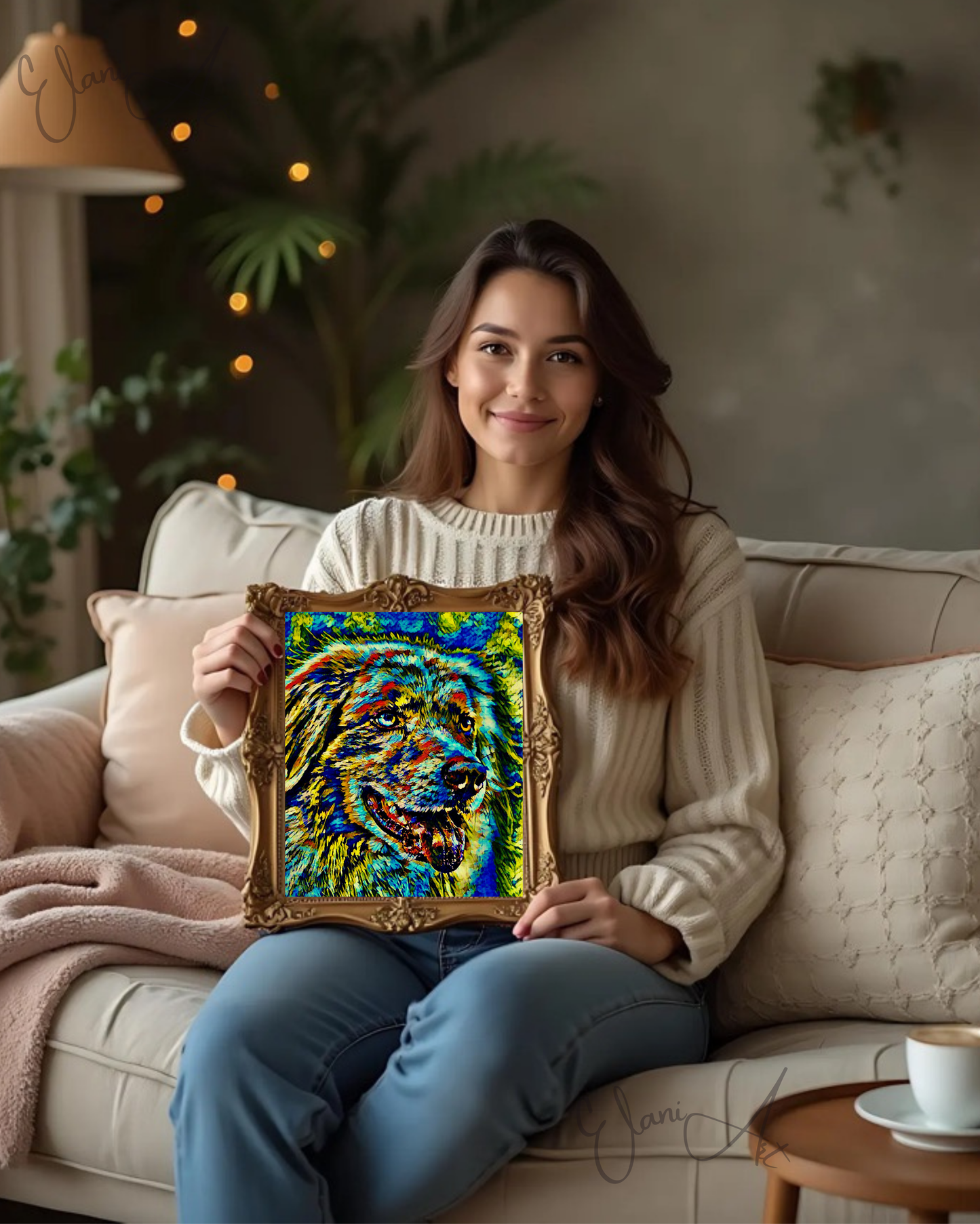 SPARKY - An Original Vibrant Blue Green Floppy Ears Dog Pet Portrait Open-Mouthed Happy Animal Impressionistic Artwork Print by ElaniArt