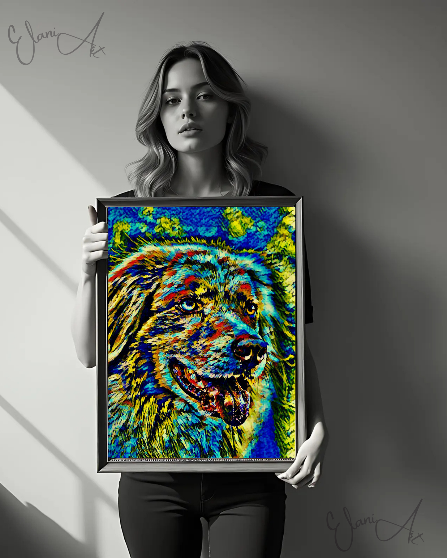 SPARKY - An Original Vibrant Blue Green Floppy Ears Dog Pet Portrait Open-Mouthed Happy Animal Impressionistic Artwork Print by ElaniArt