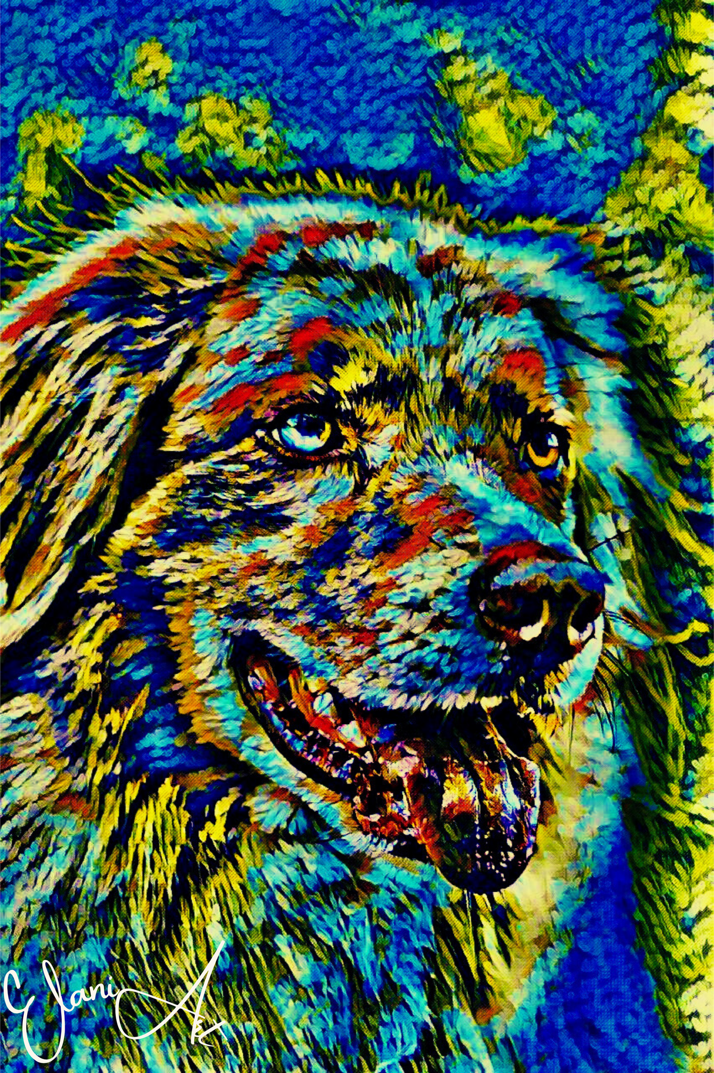 SPARKY - An Original Vibrant Blue Green Floppy Ears Dog Pet Portrait Open-Mouthed Happy Animal Impressionistic Artwork Print by ElaniArt