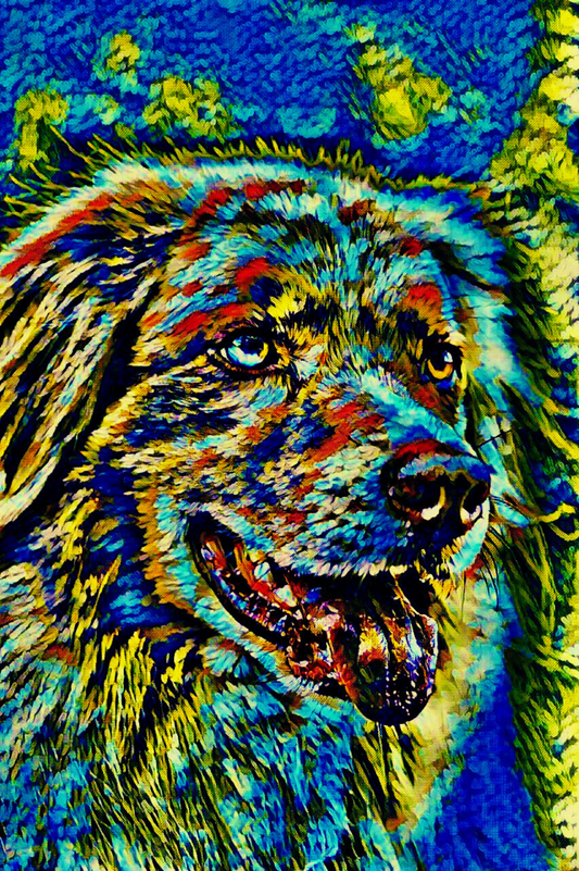 SPARKY - An Original Vibrant Blue Green Floppy Ears Dog Pet Portrait Open-Mouthed Happy Animal Impressionistic Artwork Print by ElaniArt