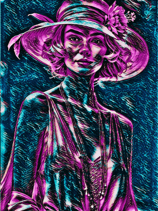 SPEAKEASY BOUND - An Original Vibrant Blue Pink Colorful Woman Flapper Dress Floral Hat Portrait Impressionistic Artwork Print by ElaniArt