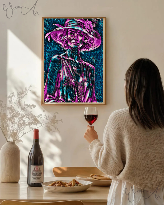 SPEAKEASY BOUND - An Original Vibrant Blue Pink Colorful Woman Flapper Dress Floral Hat Portrait Impressionistic Artwork Print by ElaniArt