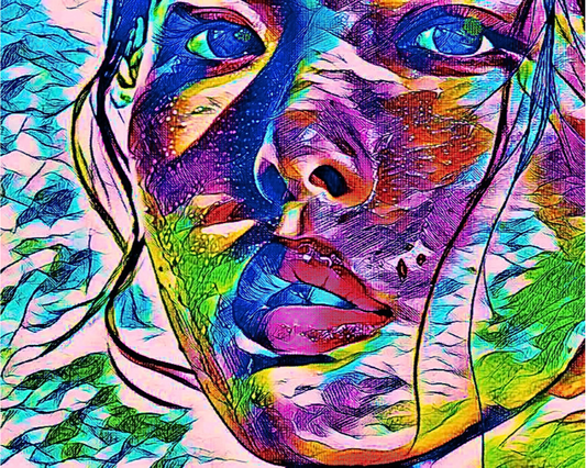 SPEAK UP - An Original Vibrant Pink Blue Colorful Asian Woman Face Portrait Open Mouth Impressionistic Wall Artwork Print by ElaniArt