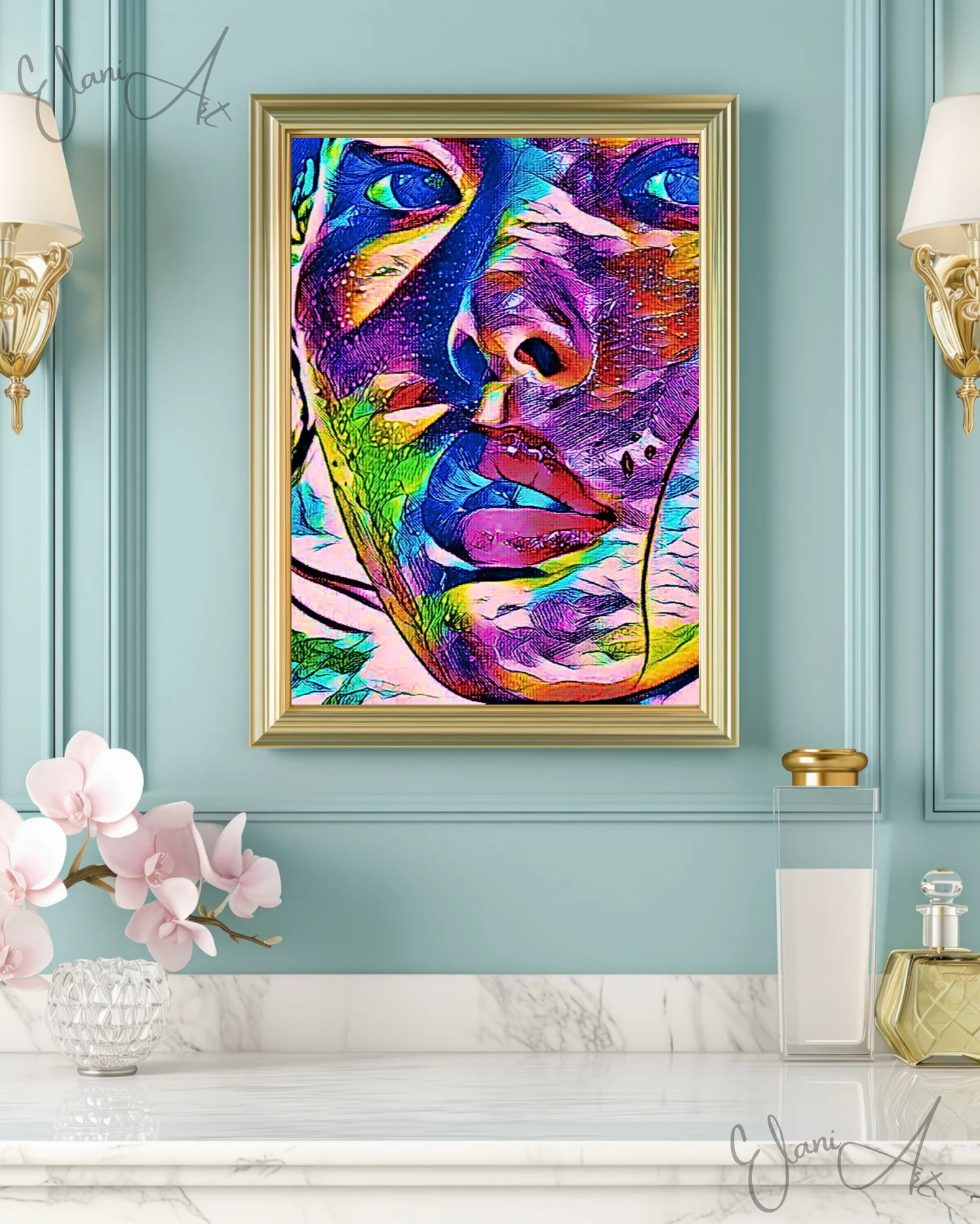 SPEAK UP - An Original Vibrant Pink Blue Colorful Asian Woman Face Portrait Open Mouth Impressionistic Wall Artwork Print by ElaniArt